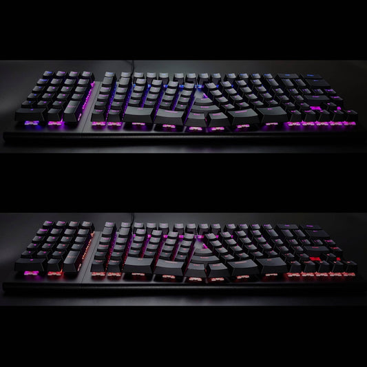 RGB backlight close-up of the X-Bows Knight Plus ergonomic keyboard