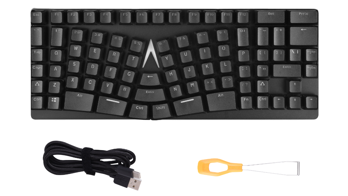 Close-up of the X-BOWS Lite ergonomic keyboard with a cable and a tool