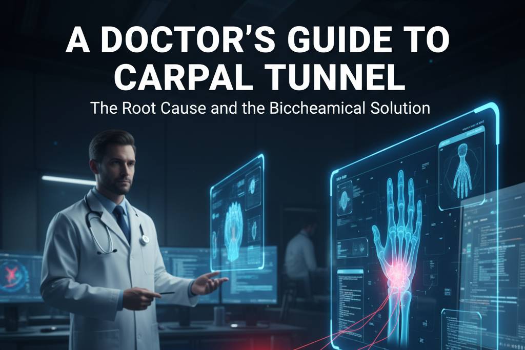 Featured image for "A Doctor's Guide to Carpal Tunnel," depicting the anatomical structures involved in RSI and the biomechanics of healthy typing.
