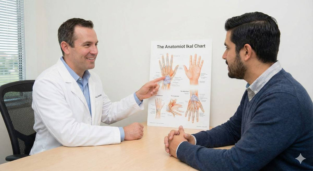 A male doctor in a white coat points to a hand anatomy chart while consulting with a male patient at a desk.