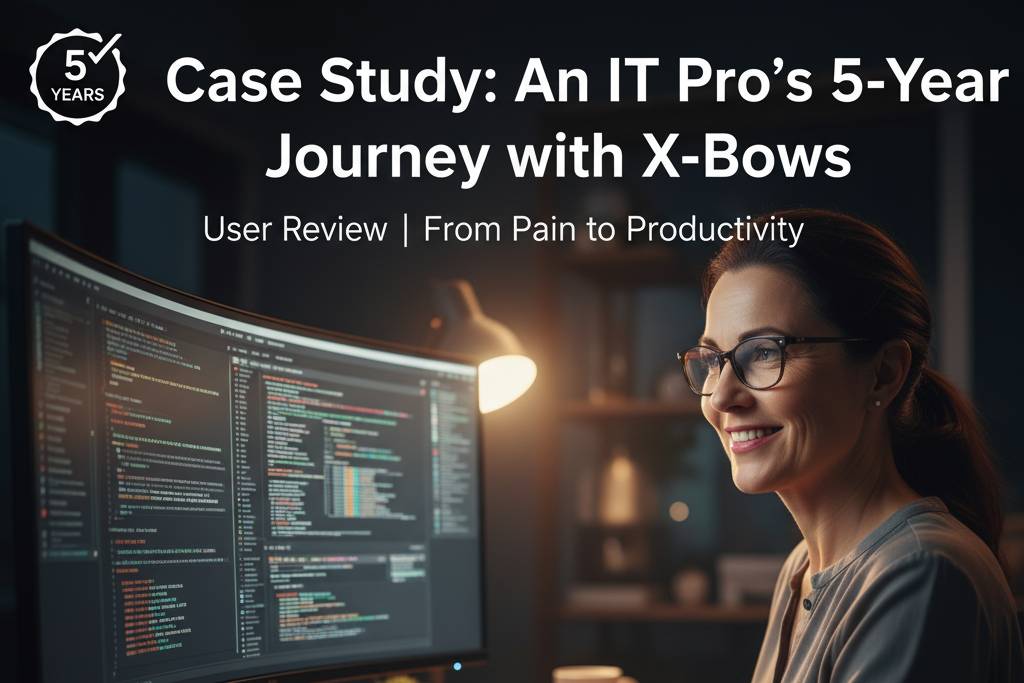 A smiling IT professional types on an X-Bows ergonomic keyboard at a brightly lit desk with a monitors displaying code.