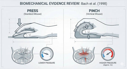 Biomechanical diagram based on Bach et al. (1998) comparing standard mouse pressing versus vertical mouse pinching.