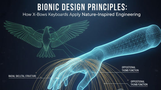 Bionic Design Principles: A wireframe hand showing natural, radial finger movement over an X-Bows ergonomic keyboard.