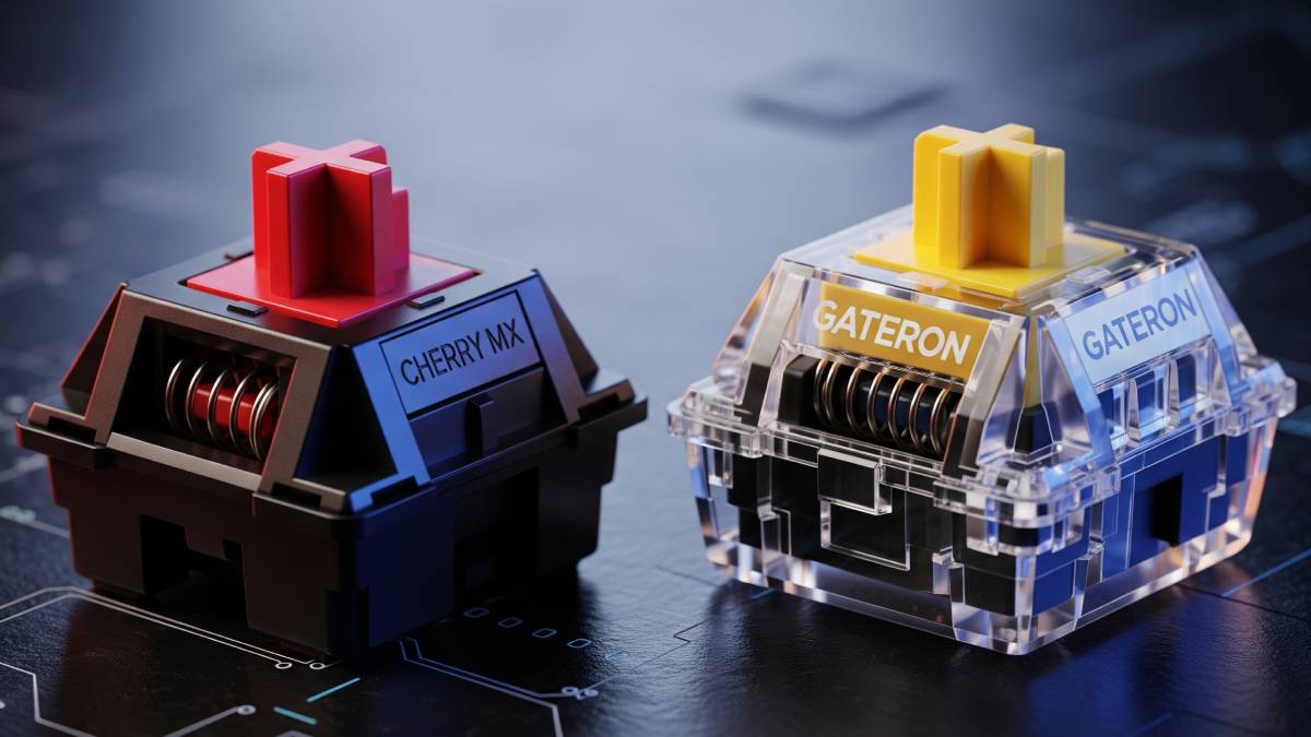 Conceptual diagram of a Red Cherry MX switch and a Yellow Gateron switch side-by-side on a dark technical background, symbolizing the mechanical keyboard switch rivalry in 2026