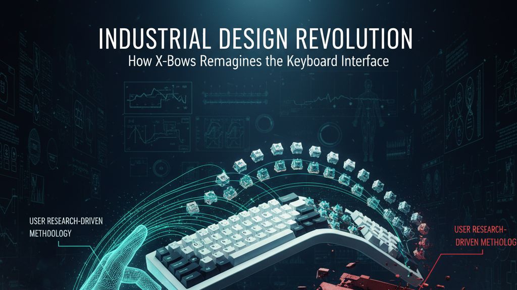Industrial Design Revolution: A broken, old typewriter contrasted with a modern, deconstructed X-Bows ergonomic keyboard.