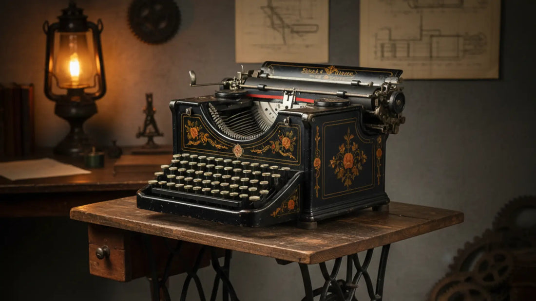 A vintage 1873 Sholes & Glidden typewriter with ornate gold floral patterns on a black metal frame, resting on a rustic wooden table with a cast-iron treadle stand in a dimly lit 19th-century workshop.