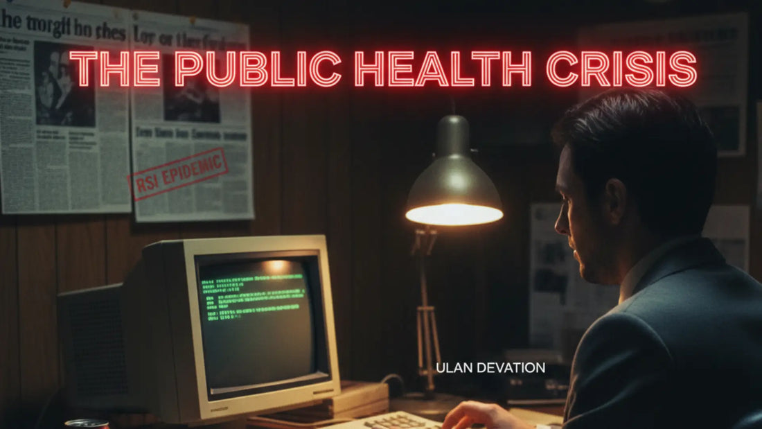 A 1980s office setting featuring a man working at a vintage computer monitor with green text; a red neon overlay reads "THE PUBLIC HEALTH CRISIS" alongside a newspaper clipping titled "RSI EPIDEMIC."