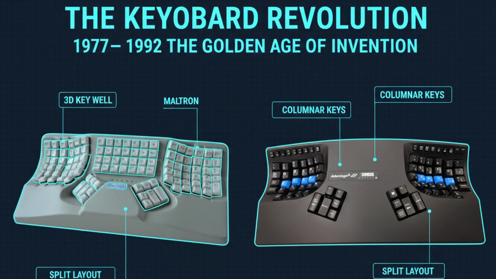 A technical comparison of two revolutionary ergonomic keyboards: the grey Maltron with a 3D key well and the black Kinesis Contoured with a split columnar layout, set against a dark blue grid background.