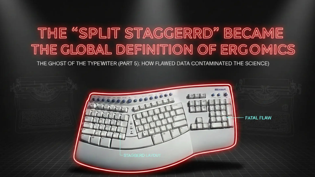 A Microsoft Natural Keyboard highlighted with a red neon glow on a dark stage; text overlays point out the "STAGGERD LAYOUT" and "FATAL FLAW" to illustrate the concept of ergonomic path dependence.