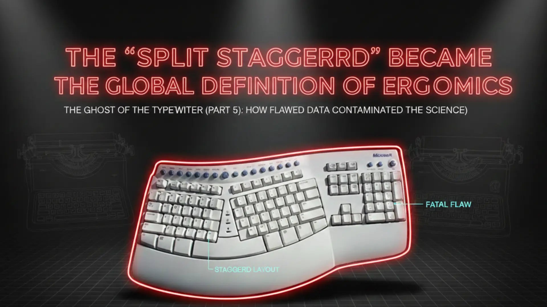 A Microsoft Natural Keyboard highlighted with a red neon glow on a dark stage; text overlays point out the "STAGGERD LAYOUT" and "FATAL FLAW" to illustrate the concept of ergonomic path dependence.