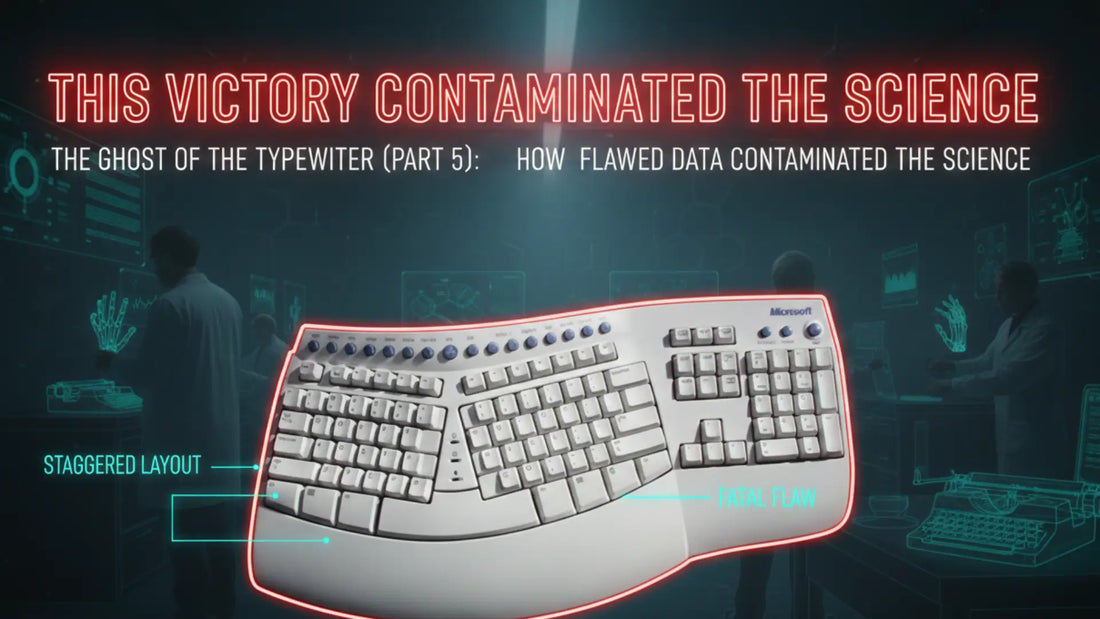 A Microsoft Natural Keyboard placed in a futuristic laboratory setting with researchers in the background; a large red neon title reads "THIS VICTORY CONTAMINATED THE SCIENCE" to highlight flawed ergonomic data.
