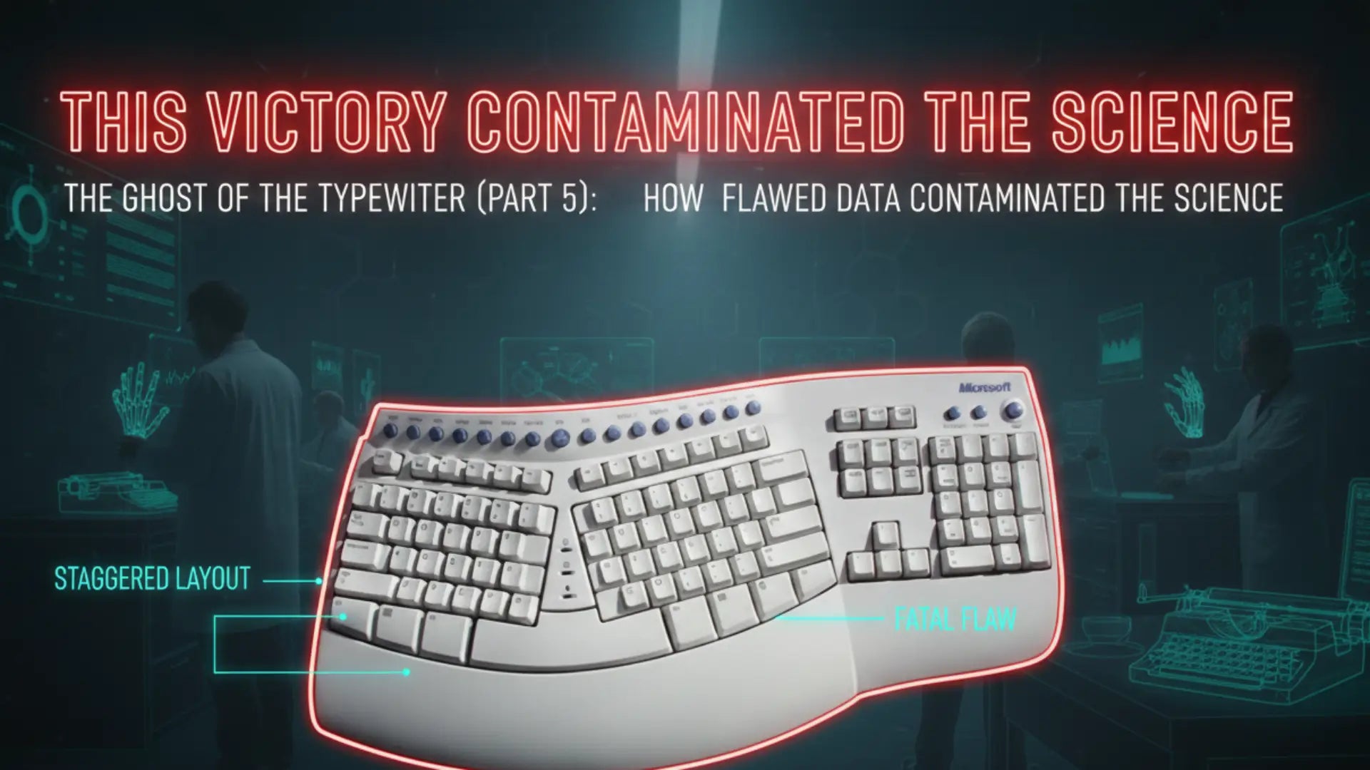A Microsoft Natural Keyboard placed in a futuristic laboratory setting with researchers in the background; a large red neon title reads "THIS VICTORY CONTAMINATED THE SCIENCE" to highlight flawed ergonomic data.