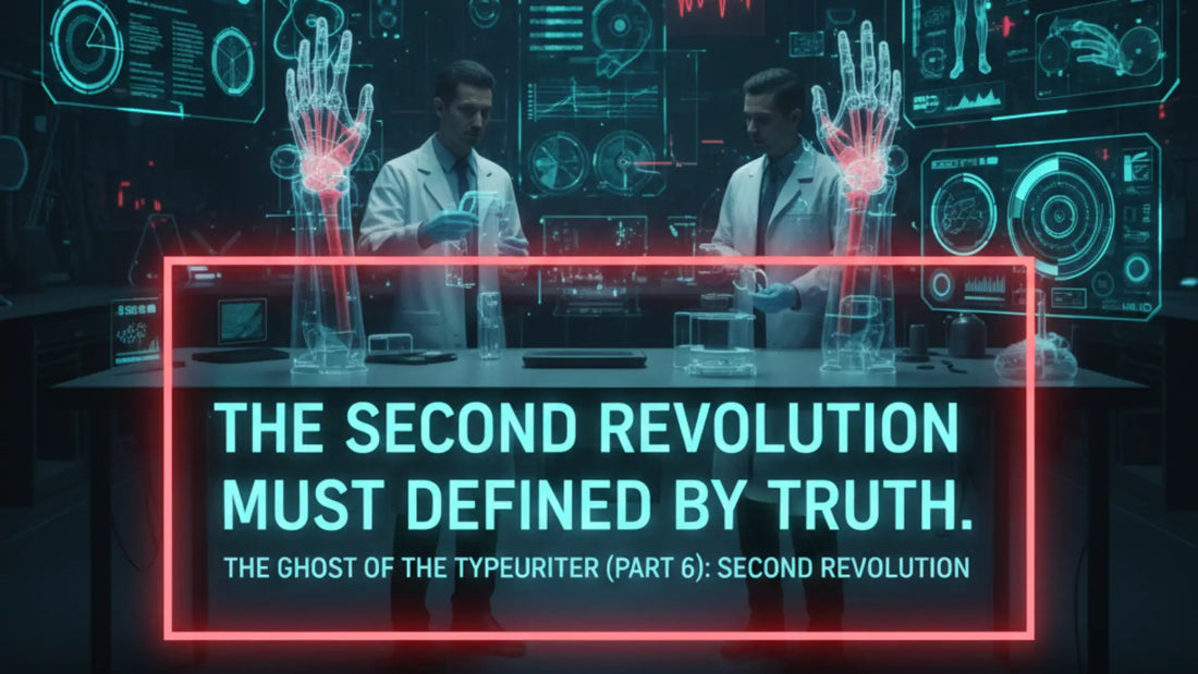 Two researchers in a high-tech lab studying holographic skeletal hands and biometric data; a bold teal title reads "THE SECOND REVOLUTION MUST BE DEFINED BY TRUTH" representing a new era of research.
