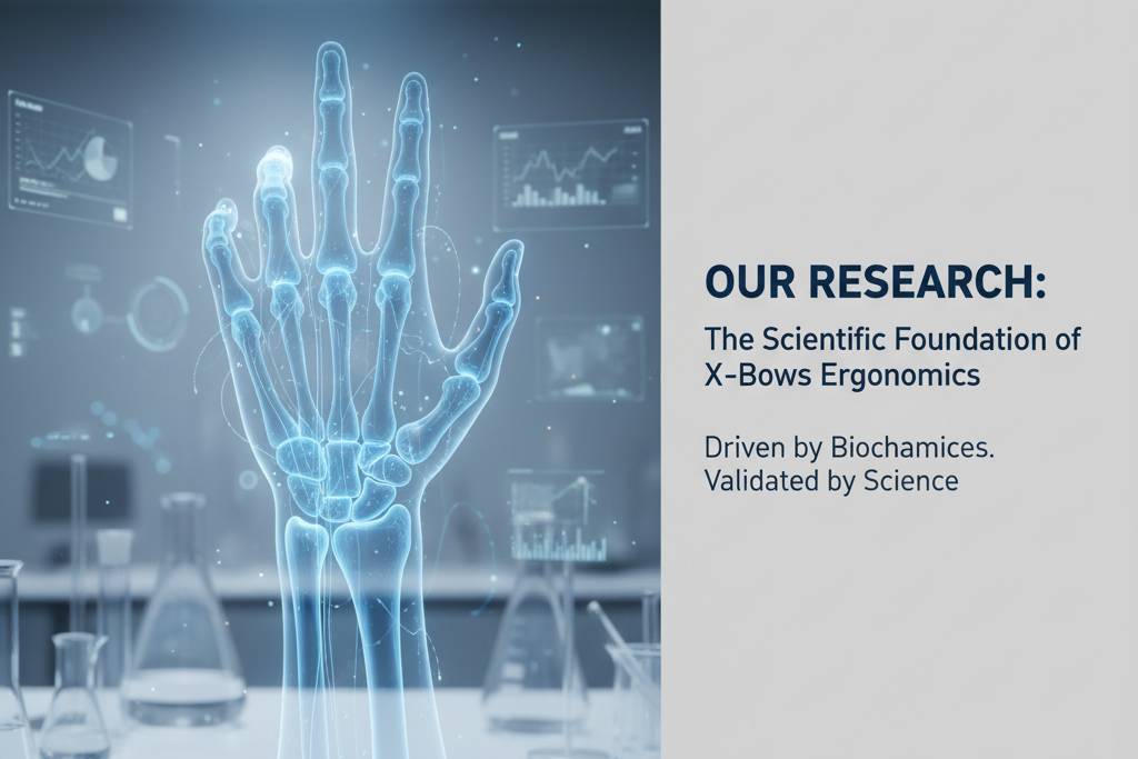 X-Bows ergonomic research with glowing skeletal hand x-ray, scientific beakers, and data displays, representing biomechanics and validated science.