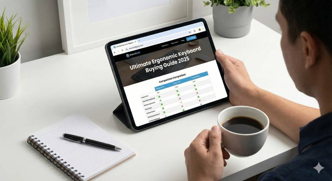 A person is sitting at a desk, holding a cup of coffee and looking at a tablet screen that displays a website titled "Ultimate Ergonomic Keyboard Buying Guide 2025".