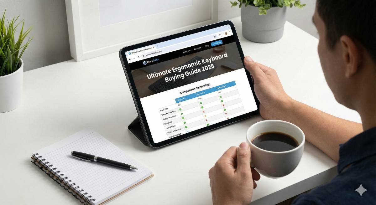 A person is sitting at a desk, holding a cup of coffee and looking at a tablet screen that displays a website titled "Ultimate Ergonomic Keyboard Buying Guide 2025".