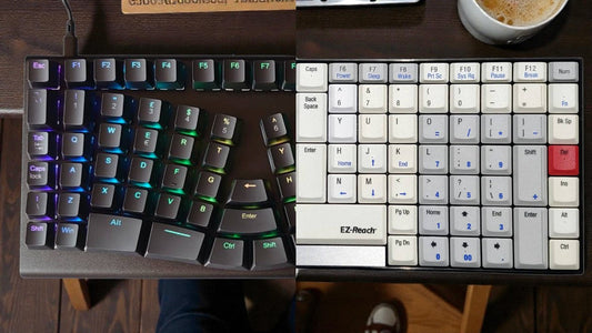 A split-screen comparison showing the X-Bows ergonomic mechanical keyboard on the left with its radial layout and RGB lighting, contrasted against the TypeMatrix 2030 on the right featuring a flat, ortholinear grid layout and central function column.