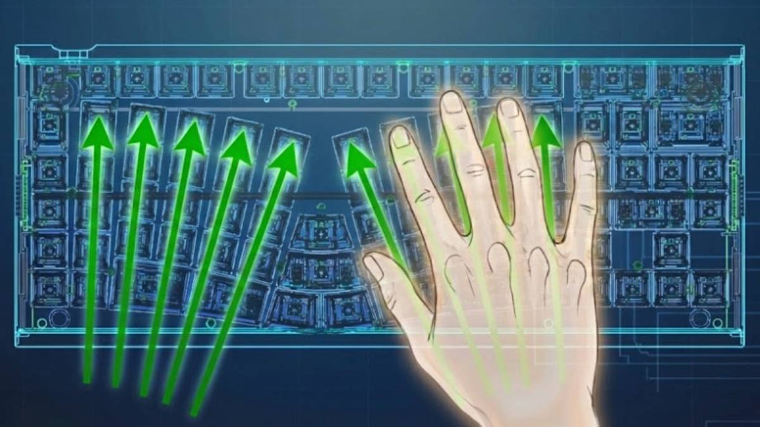Technical wireframe schematic of the X-Bows Knight ergonomic keyboard. A transparent hand overlay demonstrates the biomechanical advantage of the radial-columnar key arrangement, with green arrows indicating the natural path of finger extension.