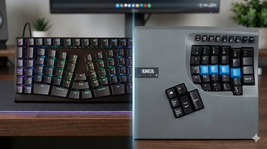 Side-by-side comparison showing the bulky plastic chassis of the Kinesis Advantage2 keyboard versus the sleek CNC aluminum frame of the X-Bows Knight ergonomic keyboard.