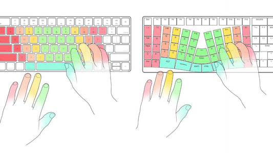 A side-by-side comparison diagram showing natural finger movement on a radial X-Bows keyboard versus strained alignment on a standard QWERTY layout to prevent ulnar deviation and wrist stiffness.