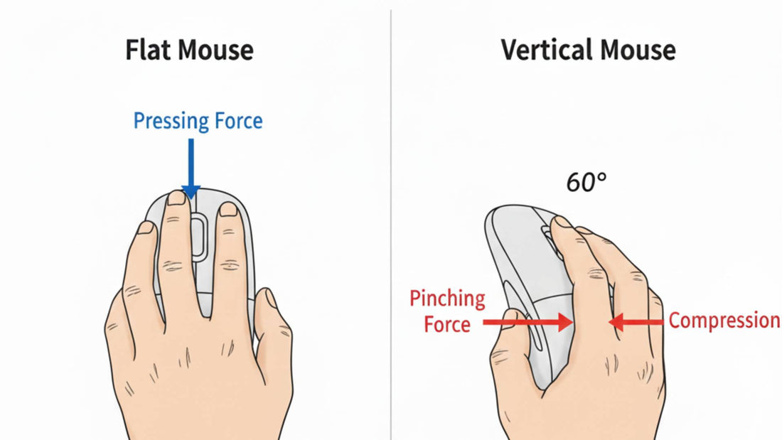 Biomechanical diagram comparing force vectors: The Flat Mouse uses downward "Pressing Force" (blue arrow), while the Vertical Mouse requires lateral "Pinching Force" and "Compression" (red arrows) to stabilize the device.