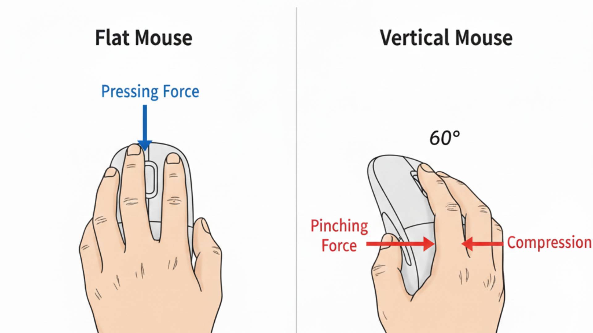 Biomechanical diagram comparing force vectors: The Flat Mouse uses downward "Pressing Force" (blue arrow), while the Vertical Mouse requires lateral "Pinching Force" and "Compression" (red arrows) to stabilize the device.