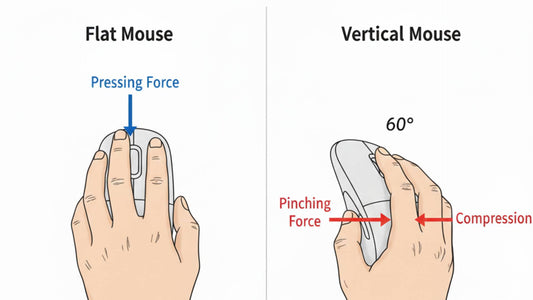 Biomechanical diagram comparing force vectors: The Flat Mouse uses downward "Pressing Force" (blue arrow), while the Vertical Mouse requires lateral "Pinching Force" and "Compression" (red arrows) to stabilize the device.