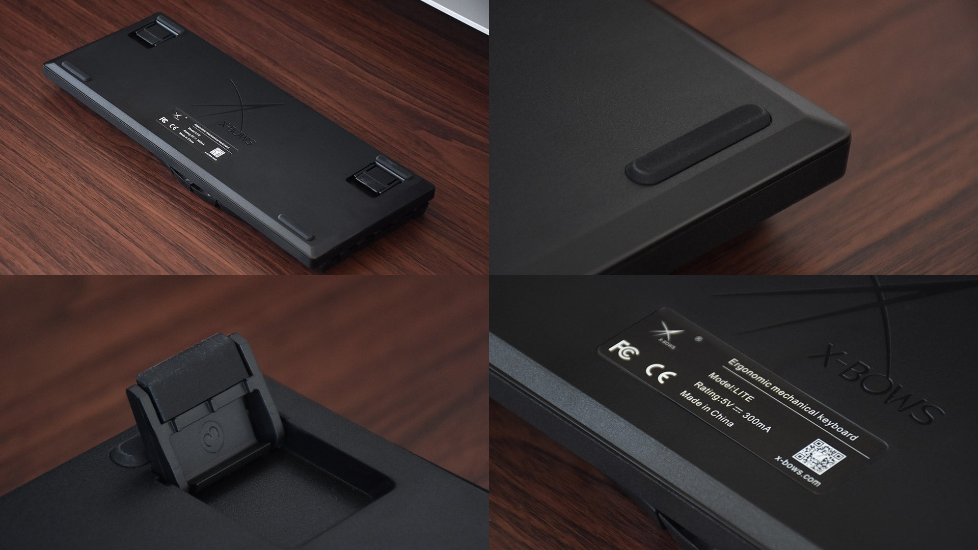 Multiple partial close-ups of the X-BOWS Ergonomic keyboard