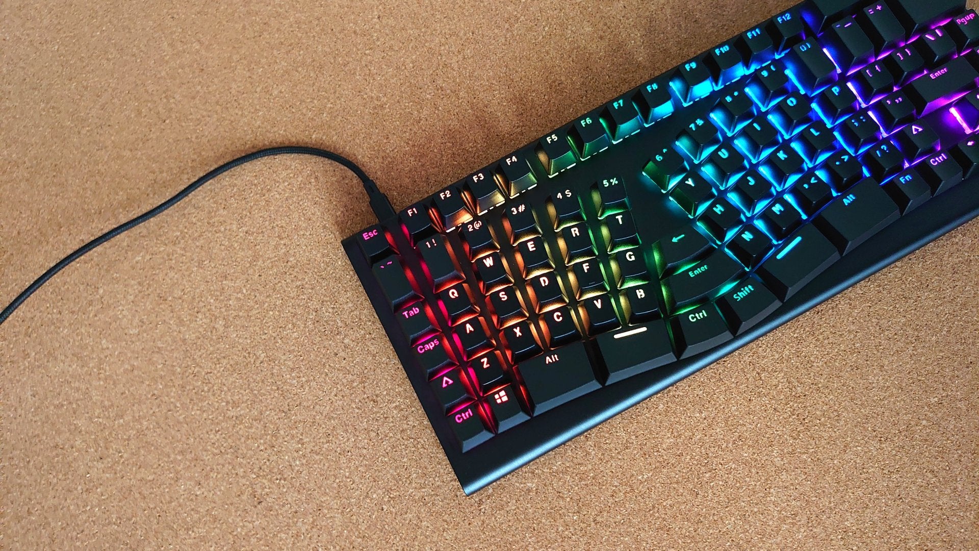 The RGB backlighting close-up of the X-Bows Knight ergonomic keyboard