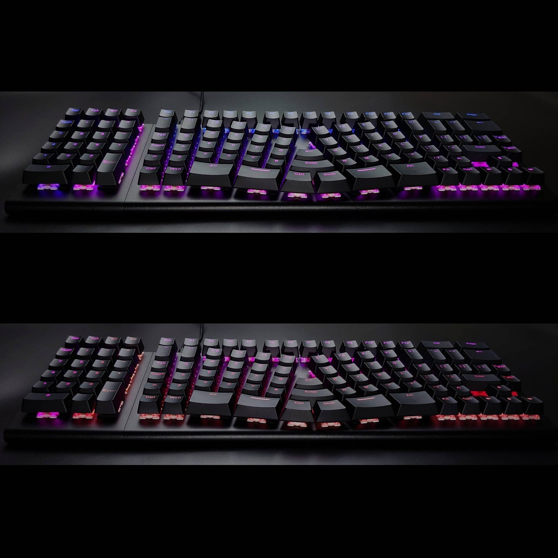 RGB backlight close-up of the X-Bows Knight Plus ergonomic keyboard