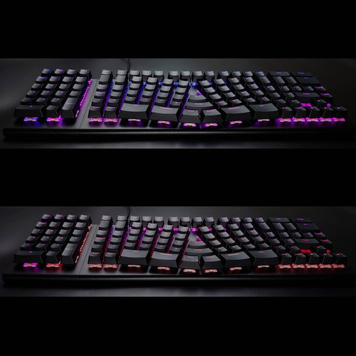 RGB backlight close-up of the X-Bows Knight Plus ergonomic keyboard