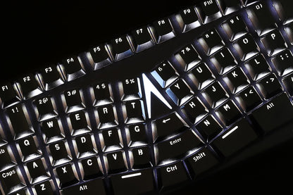 Close-up of  the X-BOWS Lite ergonomic keyboard with white backlighting